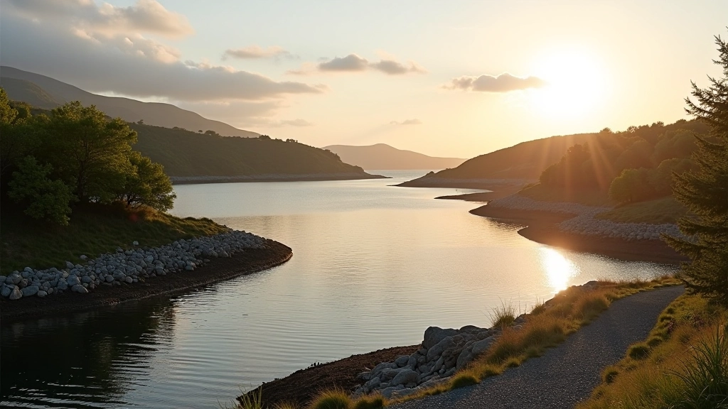 Sheltered bay at sunset with walking trails