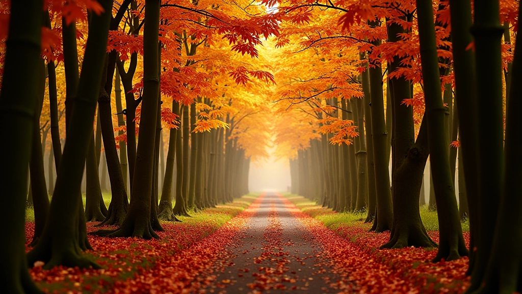 Autumn forest path with golden and red foliage, fallen leaves on ground, soft warm light