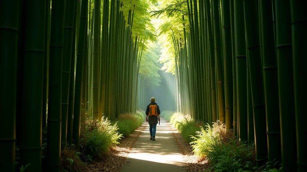 Peaceful bamboo forest pathway with natural lighting