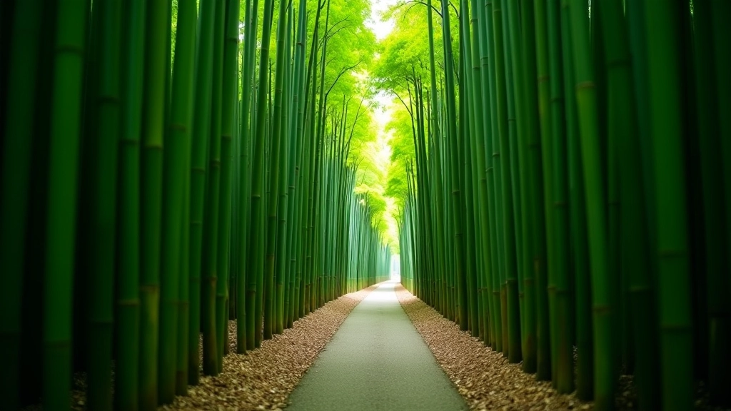 Lush green bamboo forest pathway stretching into the distance with natural light filtering through