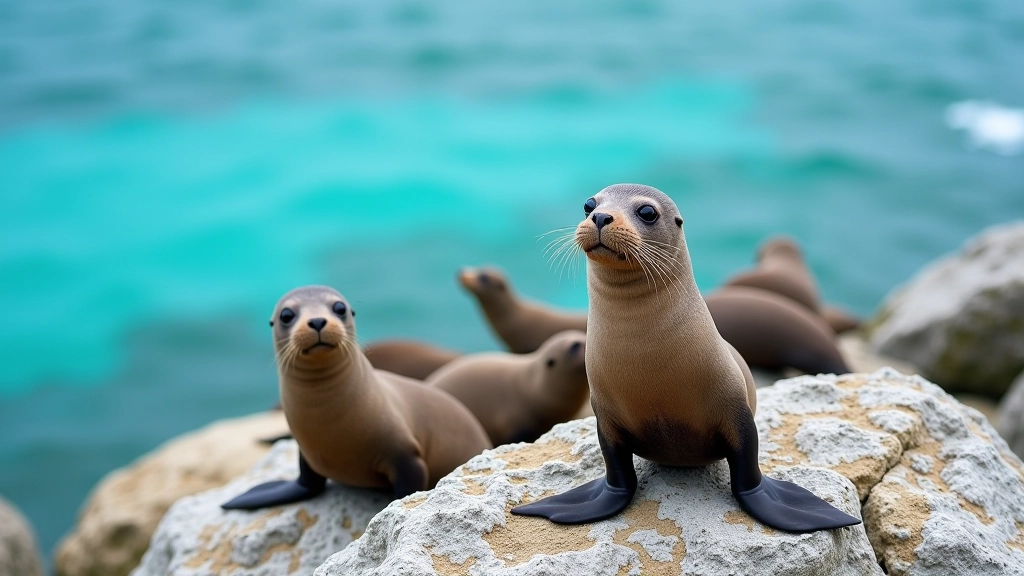 Harbor seals resting on coastal rocks near turquoise water