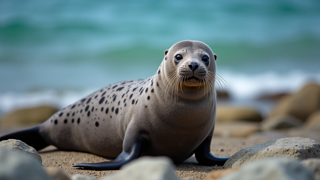 Close-up of harbour seal resting on rocky shore, spotted grey coat visible