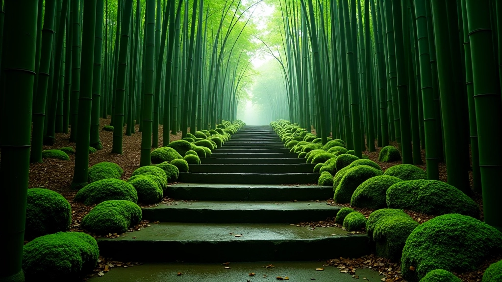 Hidden stone steps covered with moss leading deeper into bamboo forest, mysterious woodland path
