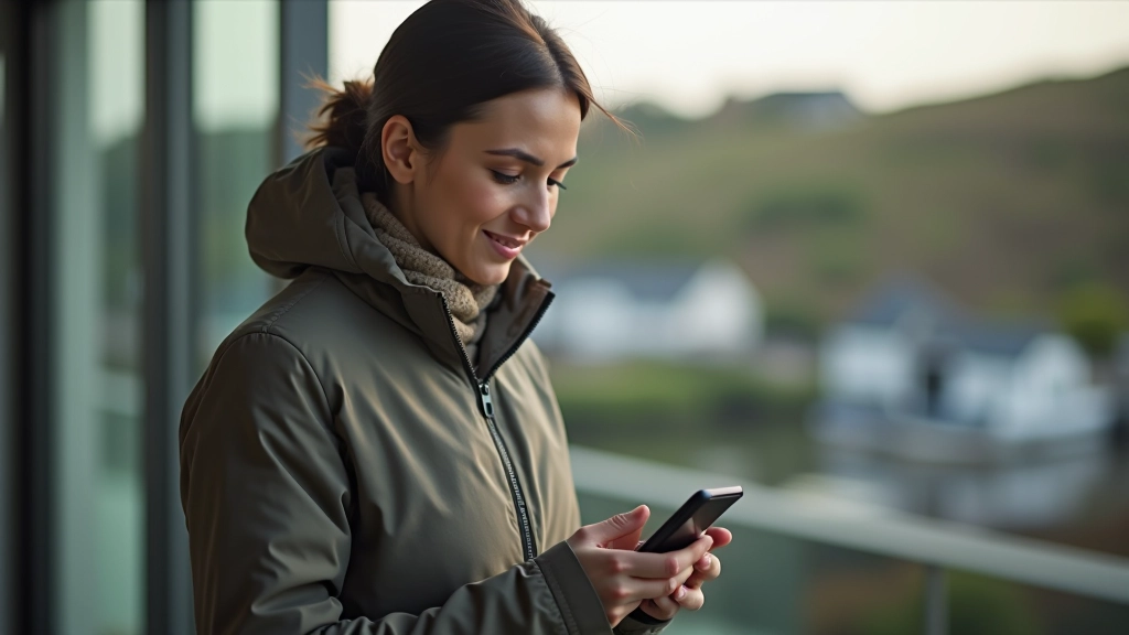 Person checking weather forecast on phone, overcast sky visible through window, preparation for outdoor activity