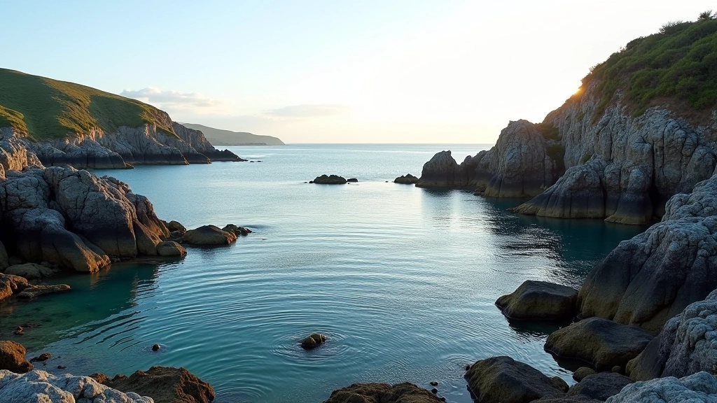 Scenic coastal landscape at dawn with calm waters and rocky outcrops suitable for seal viewing