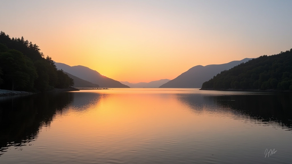 Calm turquoise bay waters reflecting sky and forested coastline at golden hour