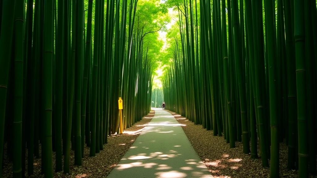 Winding bamboo forest trail with yellow directional markers on tree trunks, natural canopy creating dappled sunlight